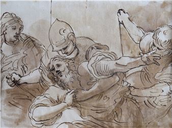 A dynamic ink study capturing a dramatic, mythological-style struggle with multiple figures in motion.