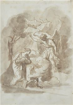 A monochrome sketch of a kneeling figure before an angelic figure with wings, set against a cloudy sky.