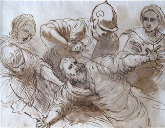 A dramatic sketch of a violent confrontation involving a soldier and civilians.