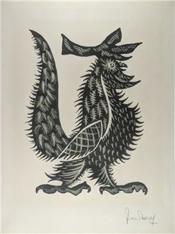 A bold black-and-white woodcut print of a stylized rooster with intricate feather details and a crown.