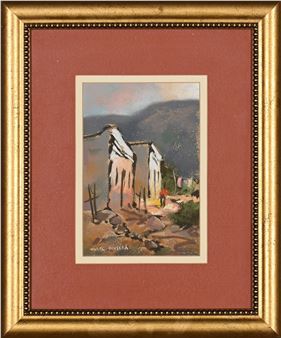 A framed painting of a rustic white building with laundry hanging against a hazy mountain backdrop.
