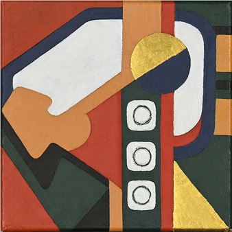 A colorful abstract composition featuring geometric shapes and bold colors.