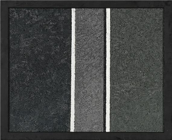 A minimalist abstract composition featuring vertical bands of textured grey and black with white lines.