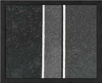 A minimalist abstract composition featuring vertical bands of textured grey and black with white lines.
