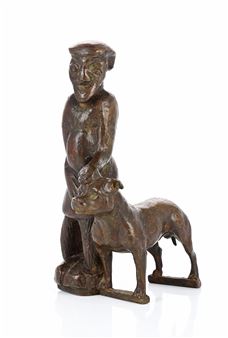 A bronze sculpture of a seated figure embracing a small dog.