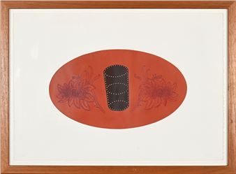 A framed artwork featuring a central black cylinder flanked by floral motifs on an orange oval background.
