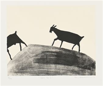 A minimalist print featuring two black silhouettes of animals on a textured rock against a plain background.