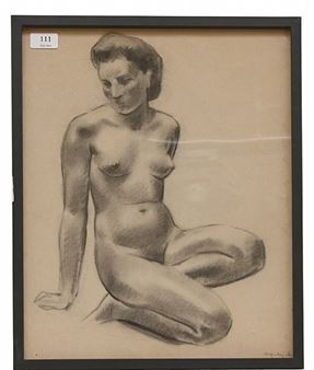 A monochromatic charcoal study of a seated nude figure with a contemplative gaze.