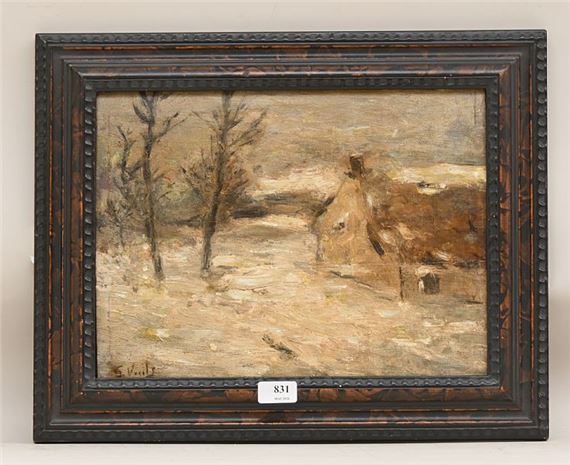 A winter landscape painting featuring a rustic house, bare trees, and snow-covered ground.