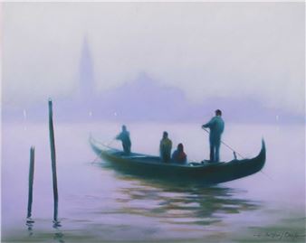 A misty water scene featuring a gondola with passengers and a gondolier, set against a hazy city skyline.