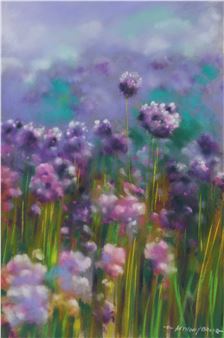A dreamy floral painting of purple and pink flowers in a field.