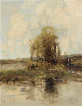 A serene landscape painting featuring a tranquil river, a cluster of trees, and a soft, cloudy sky.