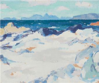 A seascape painting featuring a turbulent ocean with white-capped waves crashing against rocky shores under a pale sky.