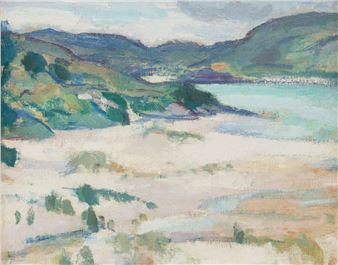 A hazy coastal landscape with rolling hills and a calm sea rendered in loose, impressionistic brushstrokes.