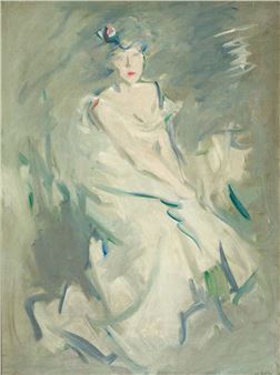 A loose, impressionistic portrait of a seated figure in a white dress against a muted green background.