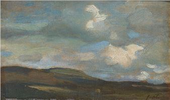 A moody landscape painting featuring a dark, rolling hill under a dramatic, cloudy sky.