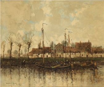 A serene river scene featuring traditional boats and rustic buildings under a cloudy sky.