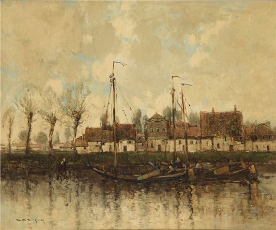 A BUSY DUTCH CANAL SCENE - William Alfred Gibson