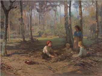 A serene woodland scene featuring four figures gathered around a pile of sticks.
