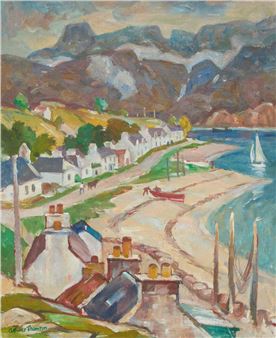 A vibrant impressionist landscape of a coastal village nestled between hills and the sea.