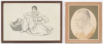 Two framed drawings featuring a seated figure with a basket and a profile portrait.