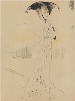 A sketch of a figure in a long dress and jester hat against a light background.