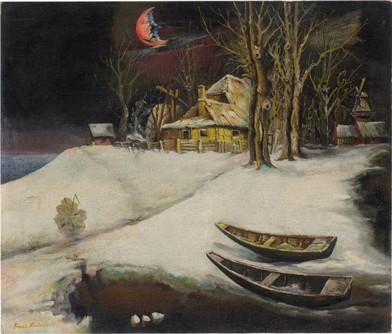 A winter night scene with a crescent moon, snow-covered landscape, and two boats on the water.