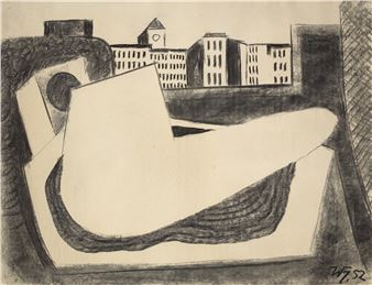 A monochromatic drawing blending abstract foreground shapes with a distant city skyline.