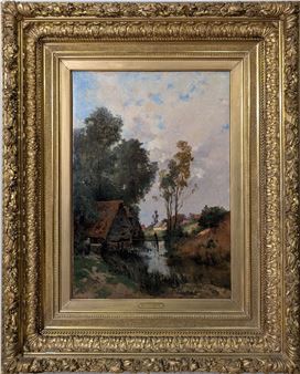 "A rustic wooden house sits beside a calm river under a cloudy sky, framed by ornate gold borders."