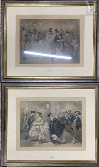 A pair of framed historical etchings depicting formal social gatherings in a muted, sepia-toned palette.