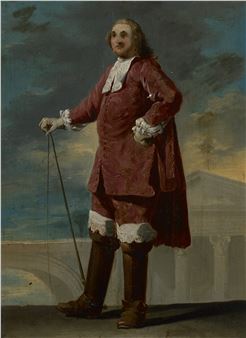 A formal portrait of a person in an elaborate red coat standing against a dramatic sky.