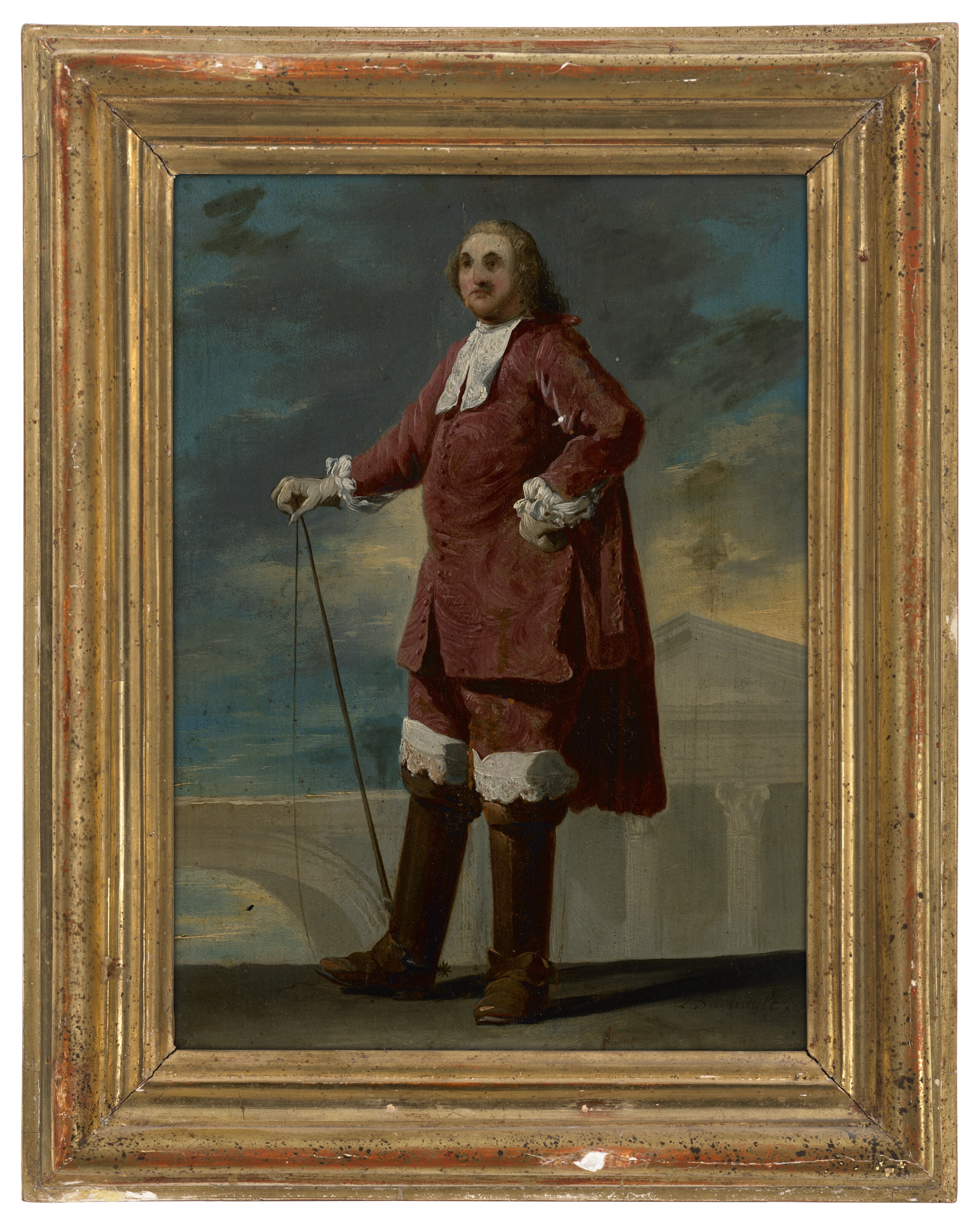 A formal portrait of a person in an elaborate red coat standing against a dramatic sky.
