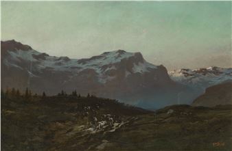 A moody landscape painting featuring a herd of animals traversing a rugged, snow-dusted mountain range under an atmospheric sky.