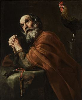 A solemn figure in a brown robe leans on a table with keys, while a rooster perches nearby.