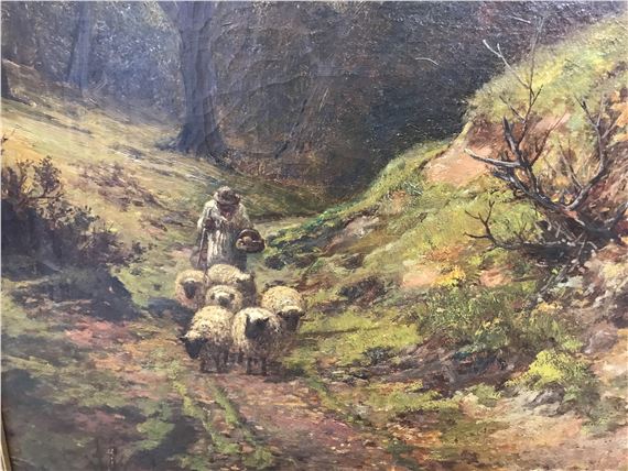 Leopold Rivers | Shepherd and sheep on a wooded pathway | MutualArt
