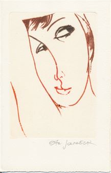 A stylized portrait of a face in profile, rendered with bold red lines and black accents against a plain background.
