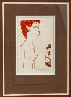 A profile portrait of a woman with red hair and a smaller sketch of a bearded man, rendered in bold line art.