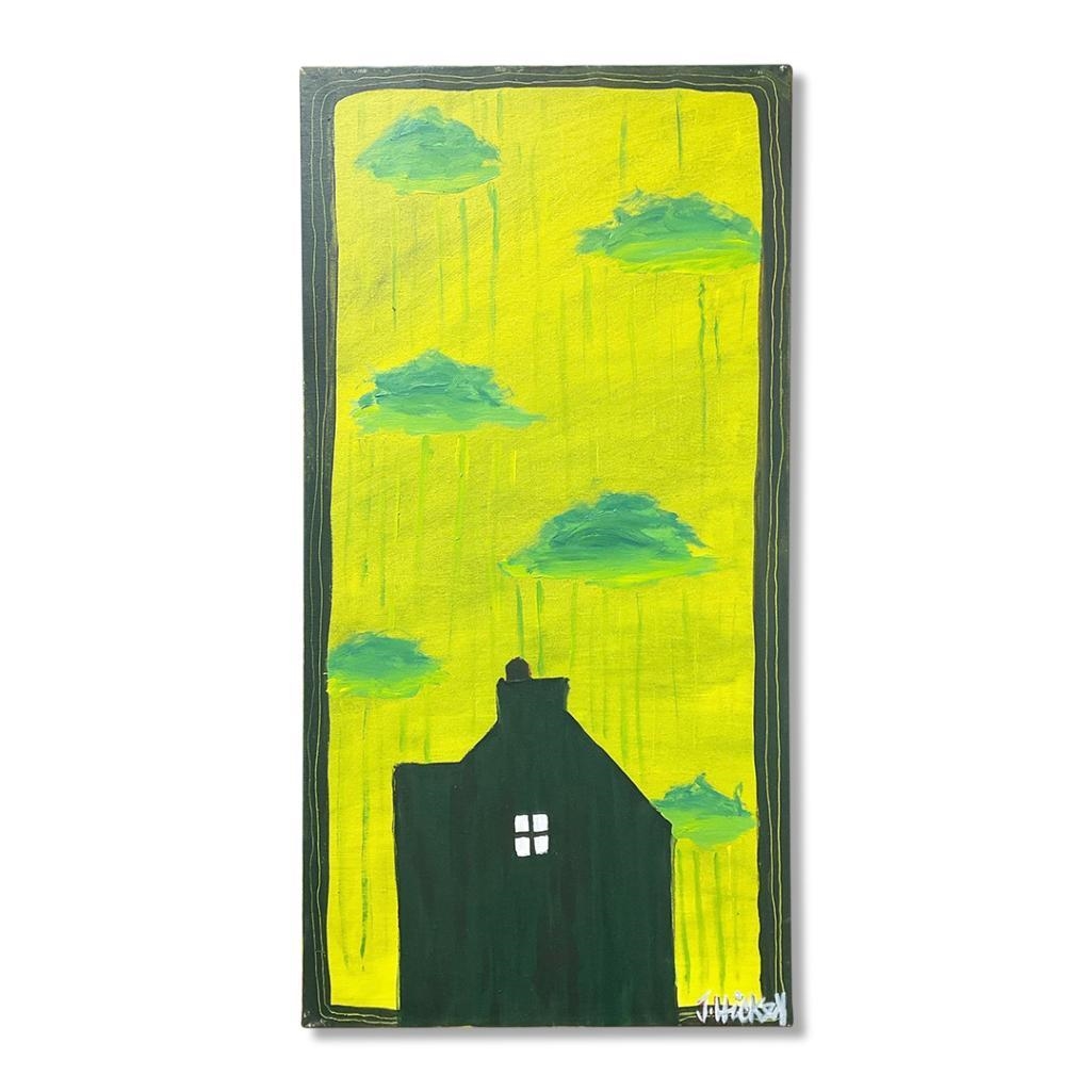 A stylized painting of a dark house under a bright yellow sky with green clouds and rain.