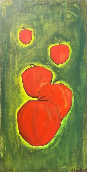 A vibrant still life featuring four red apples against a textured green background.