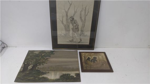 Three sketches by Scottish artist Harry Keir to include a lake scene, a gentleman walking and a silhouette - Harry Keir