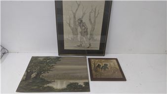 A collection of three framed nature-themed artworks displayed on a plain surface.
