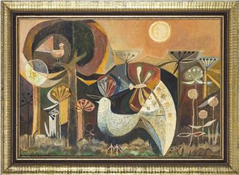 A surreal still life painting featuring a white bird, abstract trees, and geometric shapes against an orange sky.
