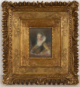 A miniature portrait of a seated figure in an ornate golden frame.