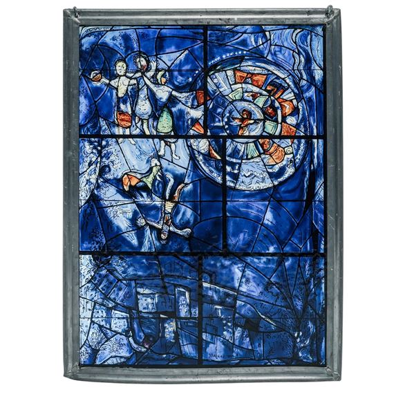 A blue stained glass panel featuring a central wheel and figures in a dreamlike composition.