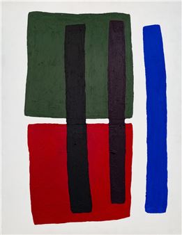 A bold abstract composition featuring stacked rectangular blocks in red and green with dark vertical bands, set against a white background.