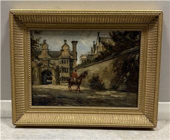 A framed oil painting of a horseman on a cobblestone street in front of an old stone building.