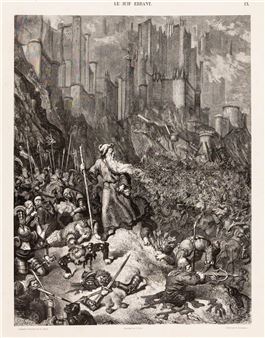 A dramatic black-and-white engraving depicting a lone figure leading a chaotic battle against a backdrop of towering castles.