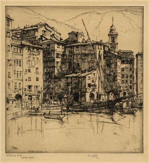 A monochromatic etching of a bustling harbor scene with tall buildings and boats.