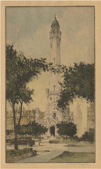 A vintage etching of a tall tower framed by trees and city buildings.