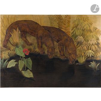 Two drinking panthers